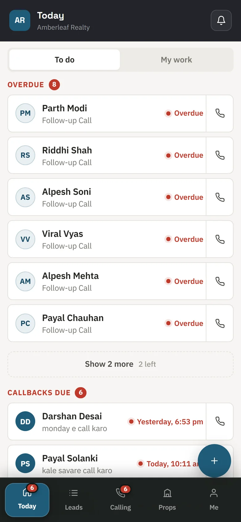 An agent’s day on the phone: overdue follow-ups, each with a call button